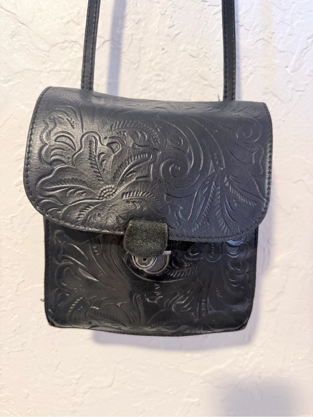 Patricia Nash Black Embossed Leather Crossbody with Floral Tooling